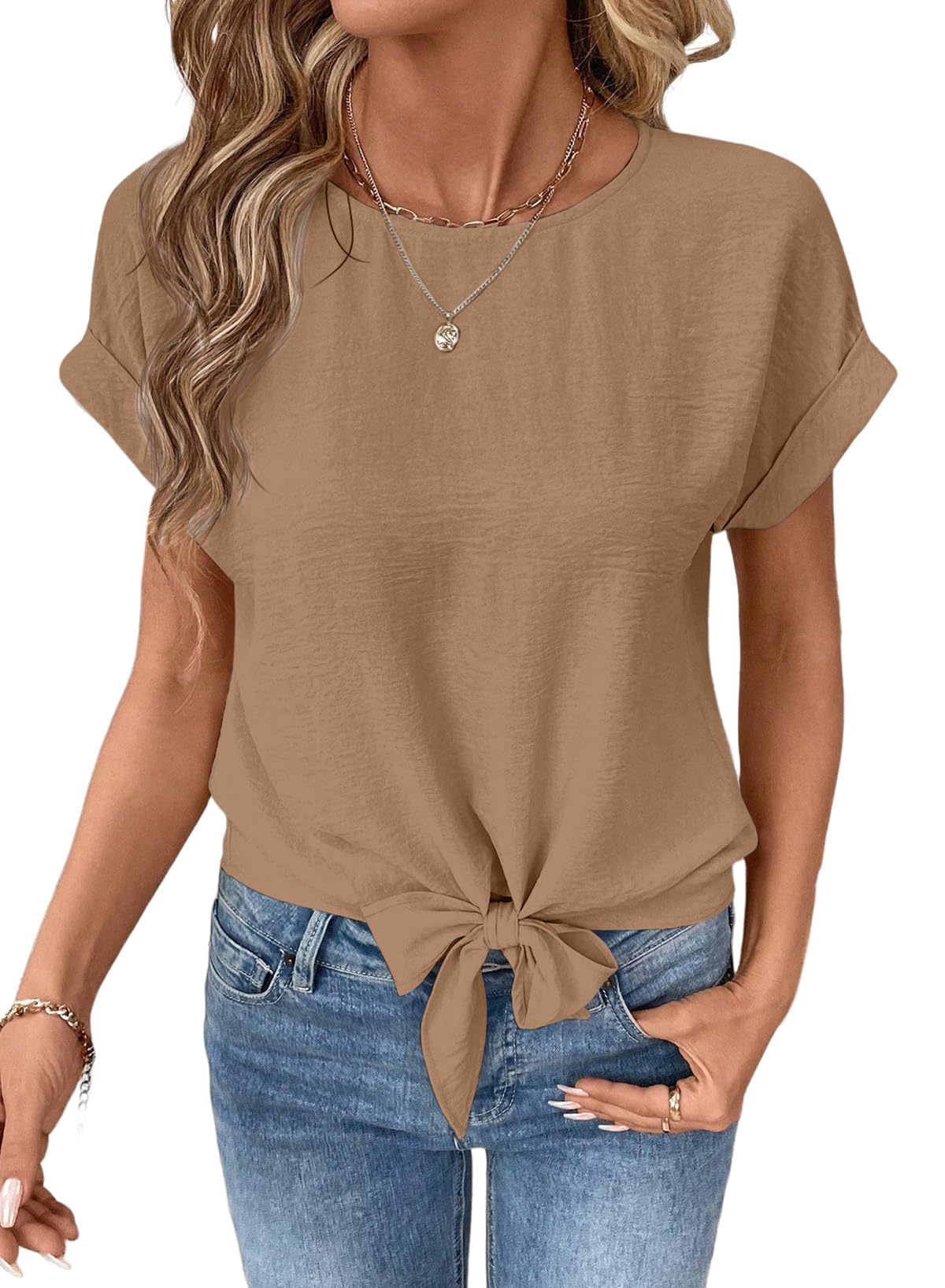Bow-tied Hem Short-sleeve Shirt Round-neck Pullover