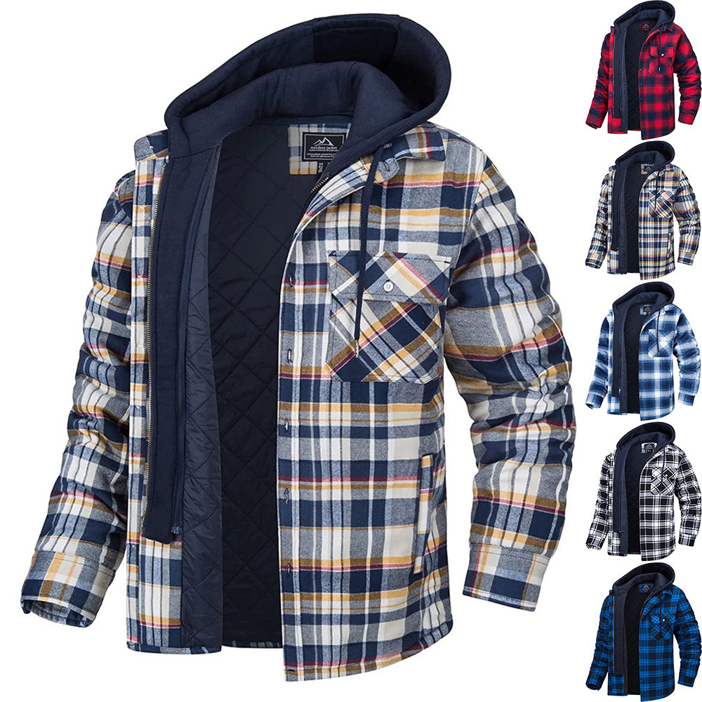 Men's Plaid Hooded Coat Warm Button Zip-up Jacket Casual Thick Padded Long Sleeves Outerwear Clothing