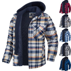 Men's Plaid Hooded Coat Warm Button Zip-up Jacket Casual Thick Padded Long Sleeves Outerwear Clothing