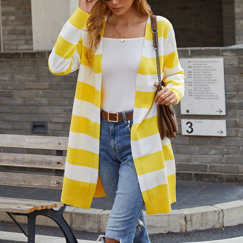 Knitted Sweater Long Color Contrast Striped Cardigan Sweater