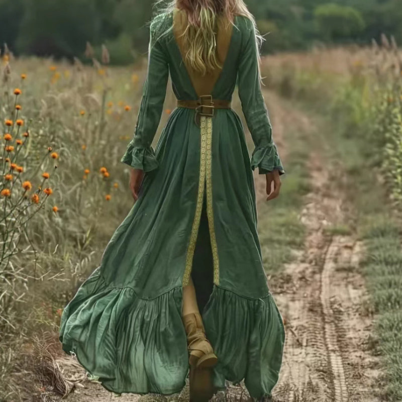 Boho Long Sleeve Flowy Maxi Dress Elegant High Waist Backless Beach Long Dress