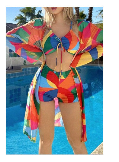 3pcs Pring Bikini With Long Sleeve Cardigan Beach Swimsuit Women