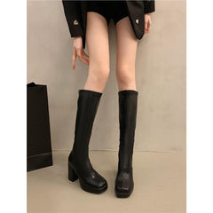 High Heel Small Chunky Heel Stretch Slimming Below The Knee Boots