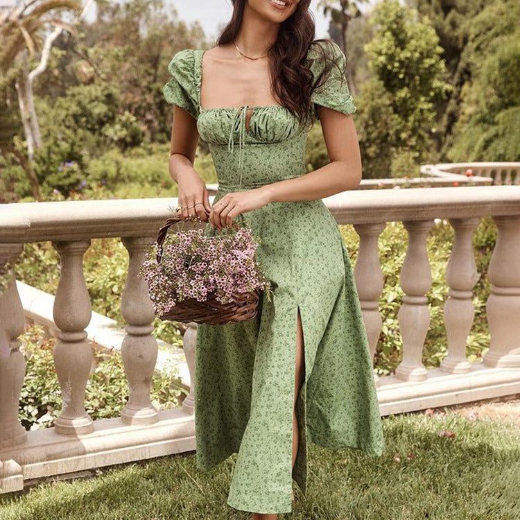 Floral Print Dress Party Long Dresses Puff Short Sleeve