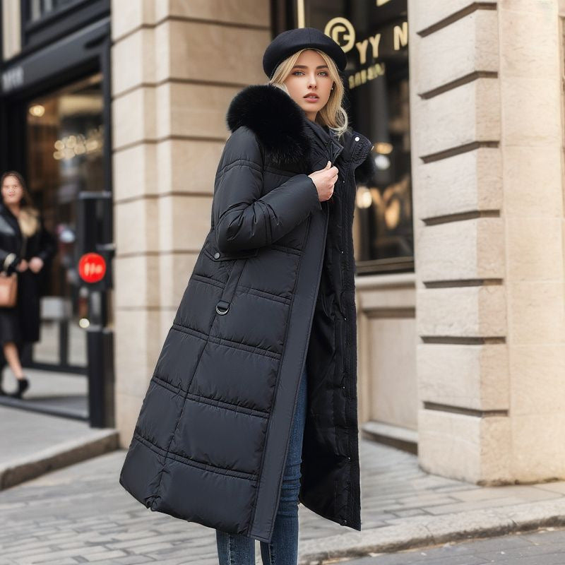 Slim Long Jacket With Fur Hood And Belt Solid Hooded Coat Warm Clothing For Women