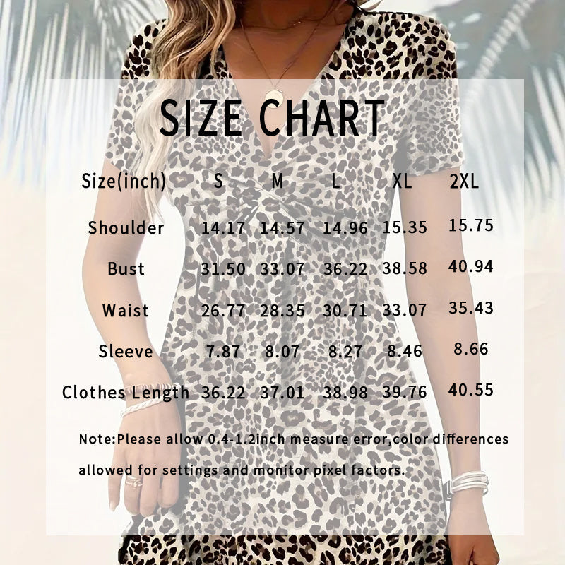 Vibrant Leopard Print Twist Front V Neck Casual Short Sleeve Bodycon Mini Dresses
