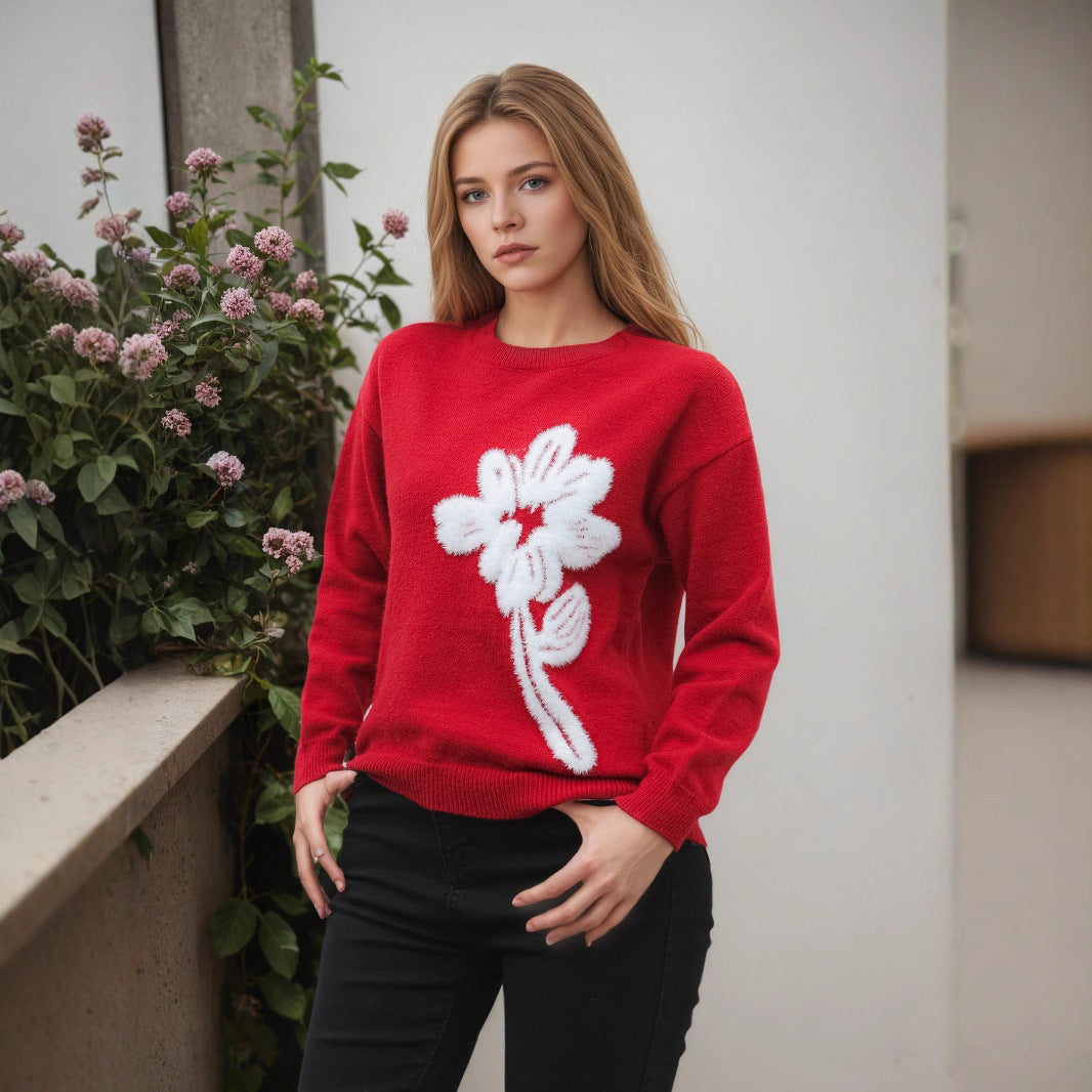 Long-sleeved Knitted Jacquard Solid Color Sweater