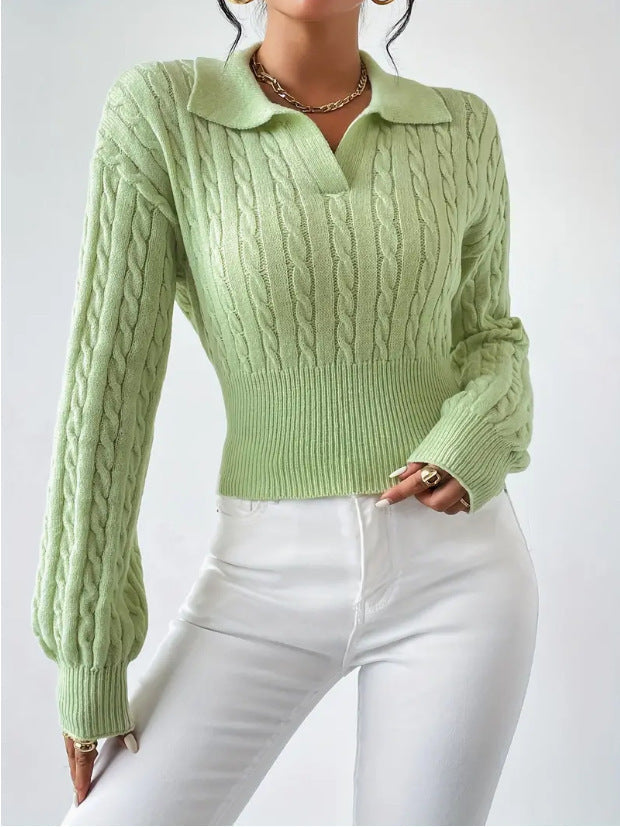 Solid Colour V-Neck Cropped Sweater with Lapel