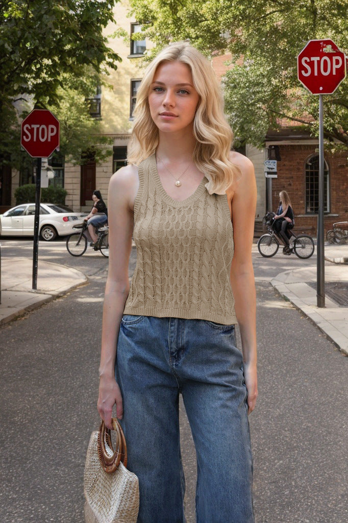 V-neck Tank Vest Casual Knitted Solid Color Tops