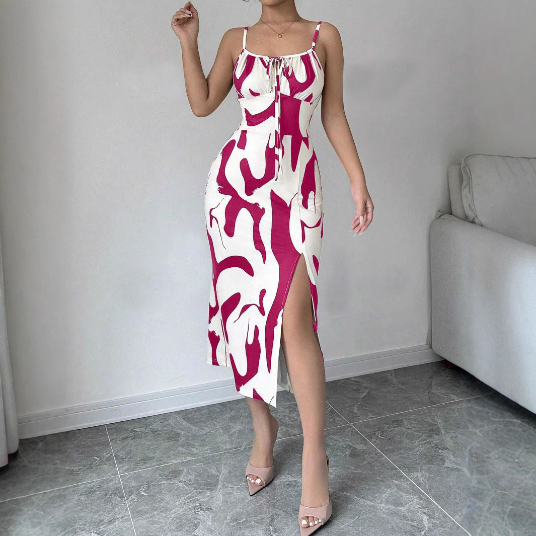 Printed Suspender Split Dress Slim Lace-up Long Dresses For Clothing
