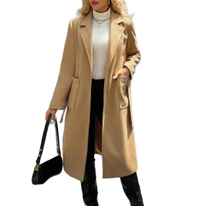 Woolen Simple Lace Waist-tied Coat