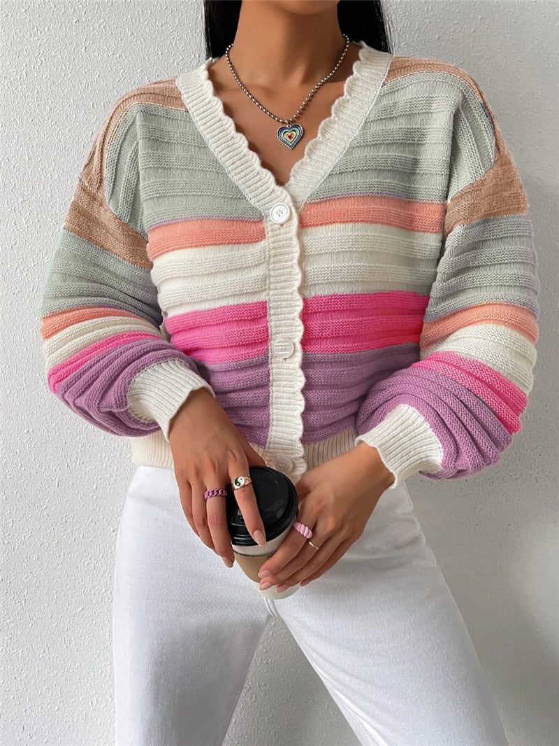 Knitted Cardigan Colorblock Sweater Coat Rainbow Striped Lantern Sleeve