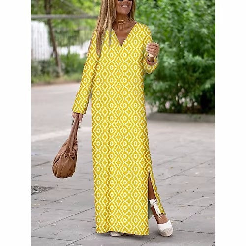 Geometric Printed V-neck Long Dress Long Sleeve Slit Dresses For Women