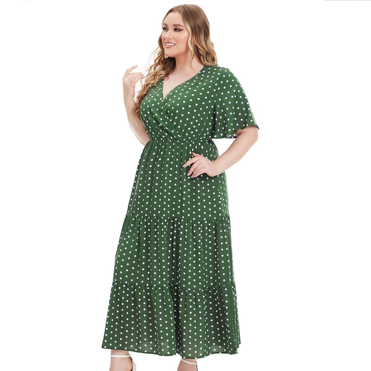 Plus Size For Plump V-neck Polka Dot Short Sleeve Dress