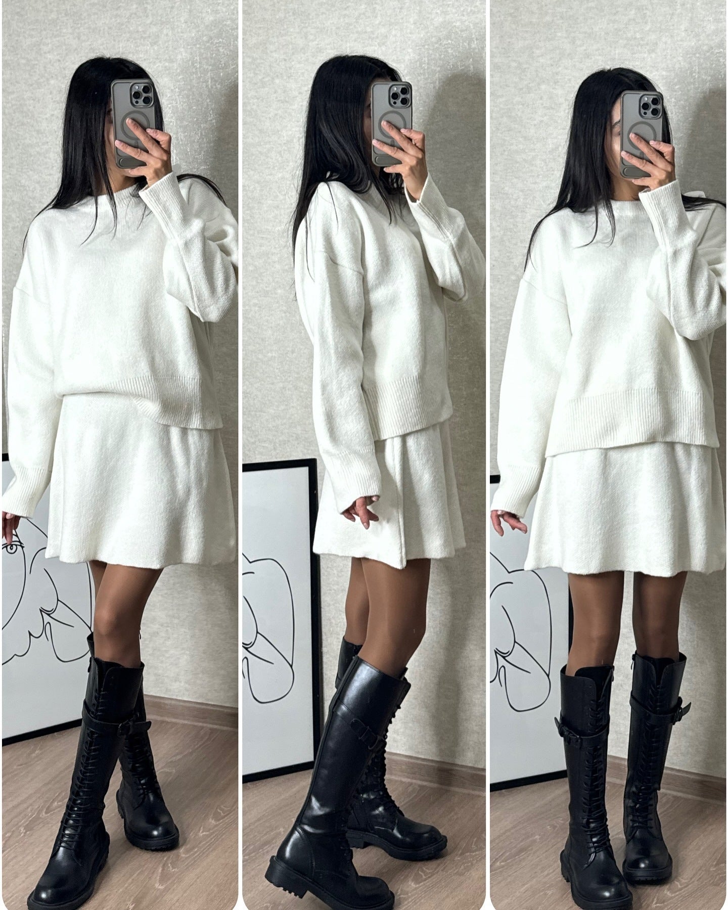 Sweater Skirt Sets For 2 Pieces Knit Casual Versatile Long Sleeve Pullover Elegant Solid High Waist Mini Skirt Outfit