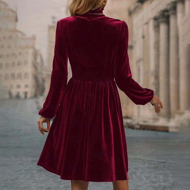 Mock Neck Velvet Midi Dress, Smocked Waist Long Sleeve Casual Dress