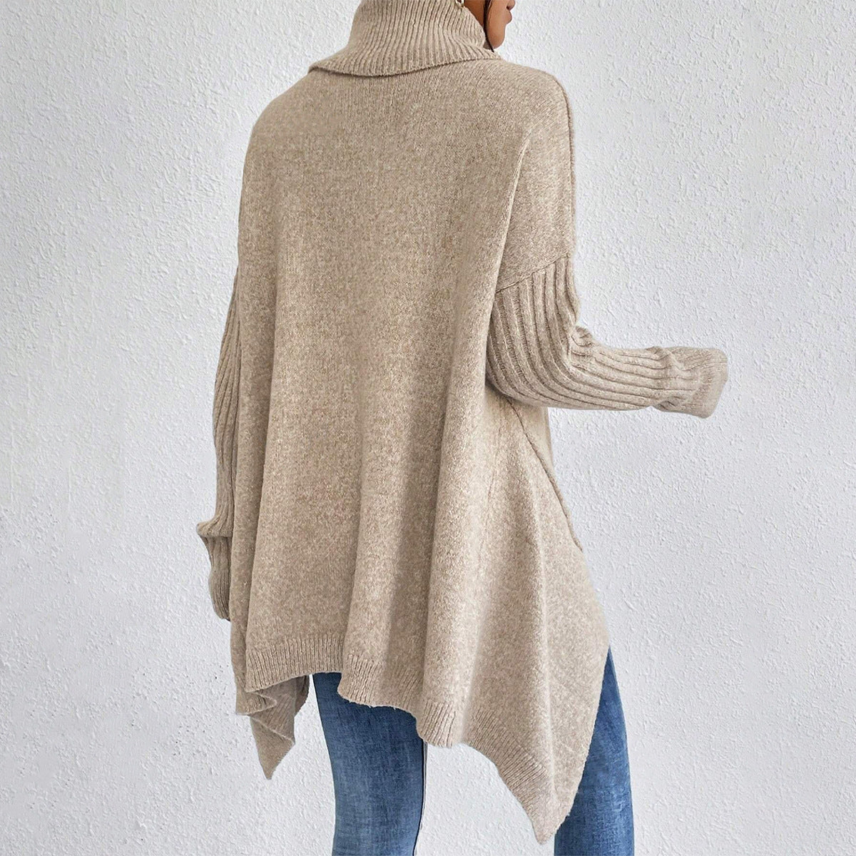 Irregular Turtleneck Sweater Loose Long Sleeve Knitted Tops Leisure Warm Pullover Sweater Clothing