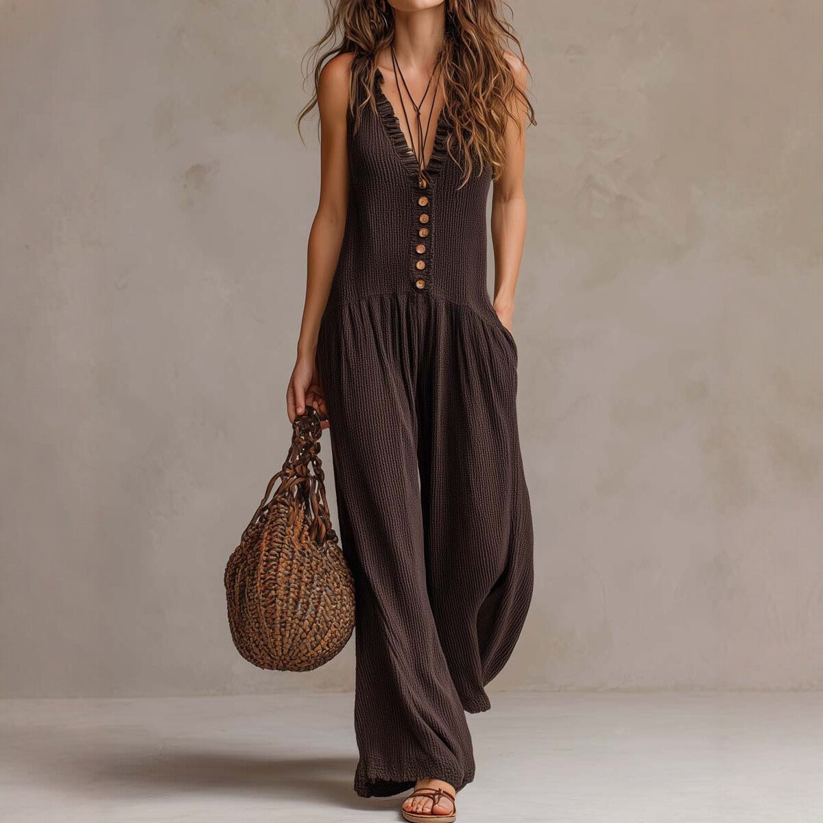 Loose V-Neck Sleeveless Wide-Leg Jumpsuit
