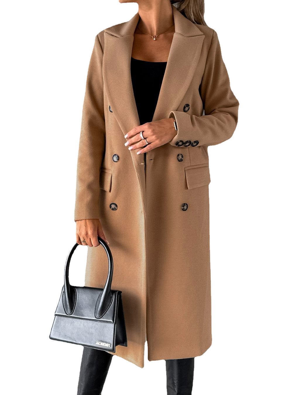 Double Breasted Lapel Coat Solid Slim Long Jacket Long Sleeve Tops Womens Clothing