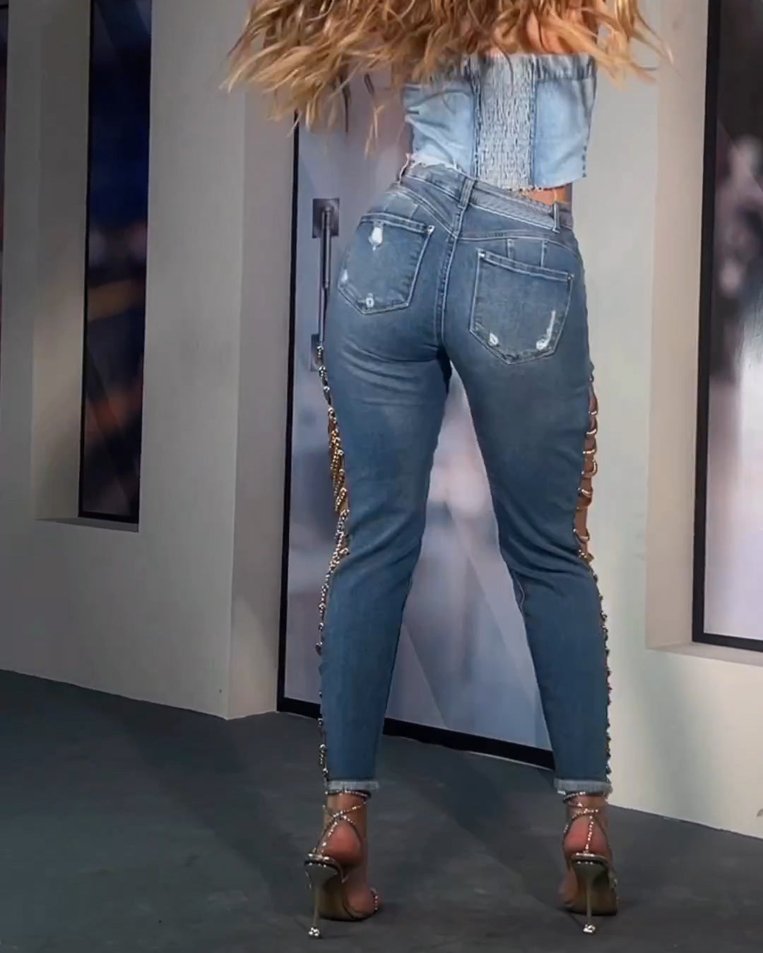High Rise Destroyed Trendy Chain Raw Hem Lace Up Sides Zipper Button Denim Jeans