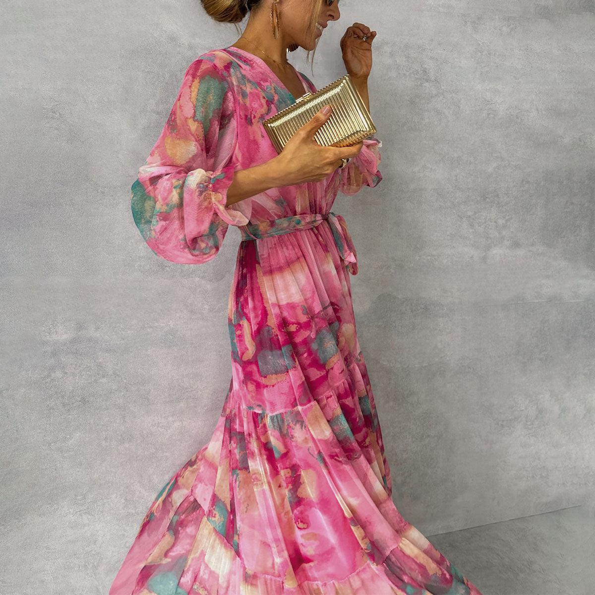 Long-sleeved Floral Print Dress Elegant V-neck Pleated High-waisted Big Swing Chiffon Maxi Dresses For Clothing