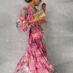 Long-sleeved Floral Print Dress Elegant V-neck Pleated High-waisted Big Swing Chiffon Maxi Dresses For Clothing