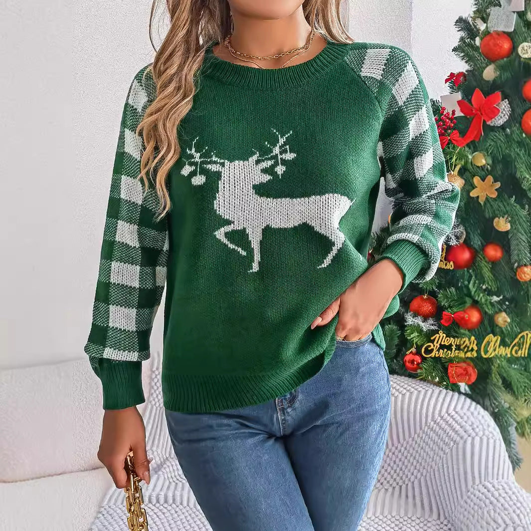 Christmas Casual Plaid Deer Long Sleeve Pullover Sweater