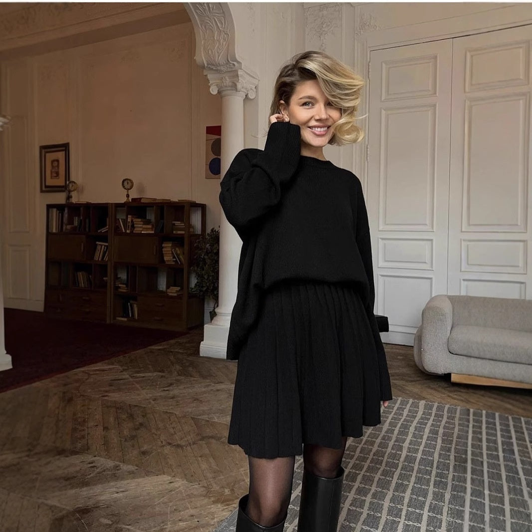 Solid Color Round Neck Sweater Pleated Skirt Suit Skirt