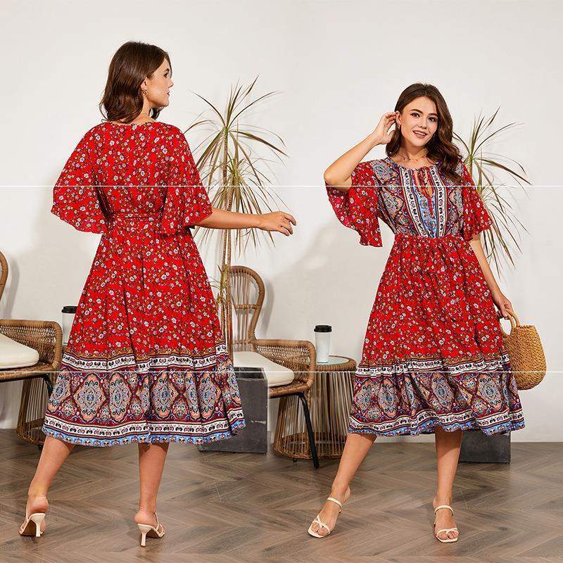 Fat Dresses V Neck Print Beach Dress