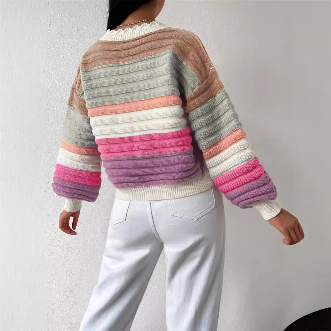 Knitted Cardigan Colorblock Sweater Coat Rainbow Striped Lantern Sleeve