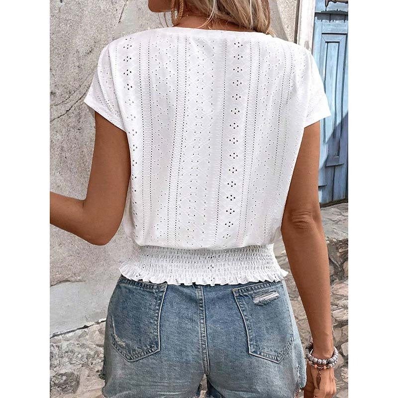 Eyelet Top Casual V Neck Short Sleeve Smocked Shirts Loose Tunic Tops Blouses
