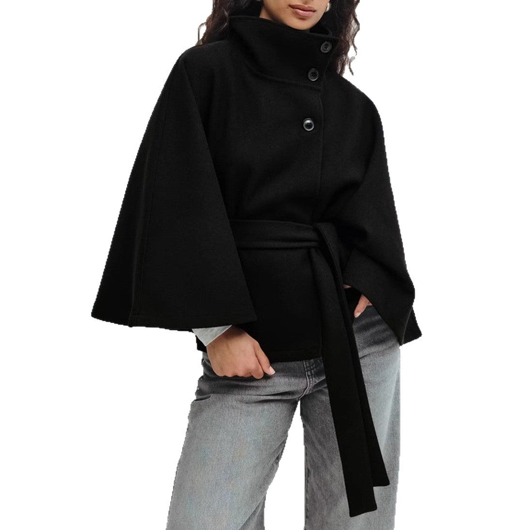 High Neck Batwing Sleeve Coat With Belt Loose Elegant Button Top Trench Coat For Clothing
