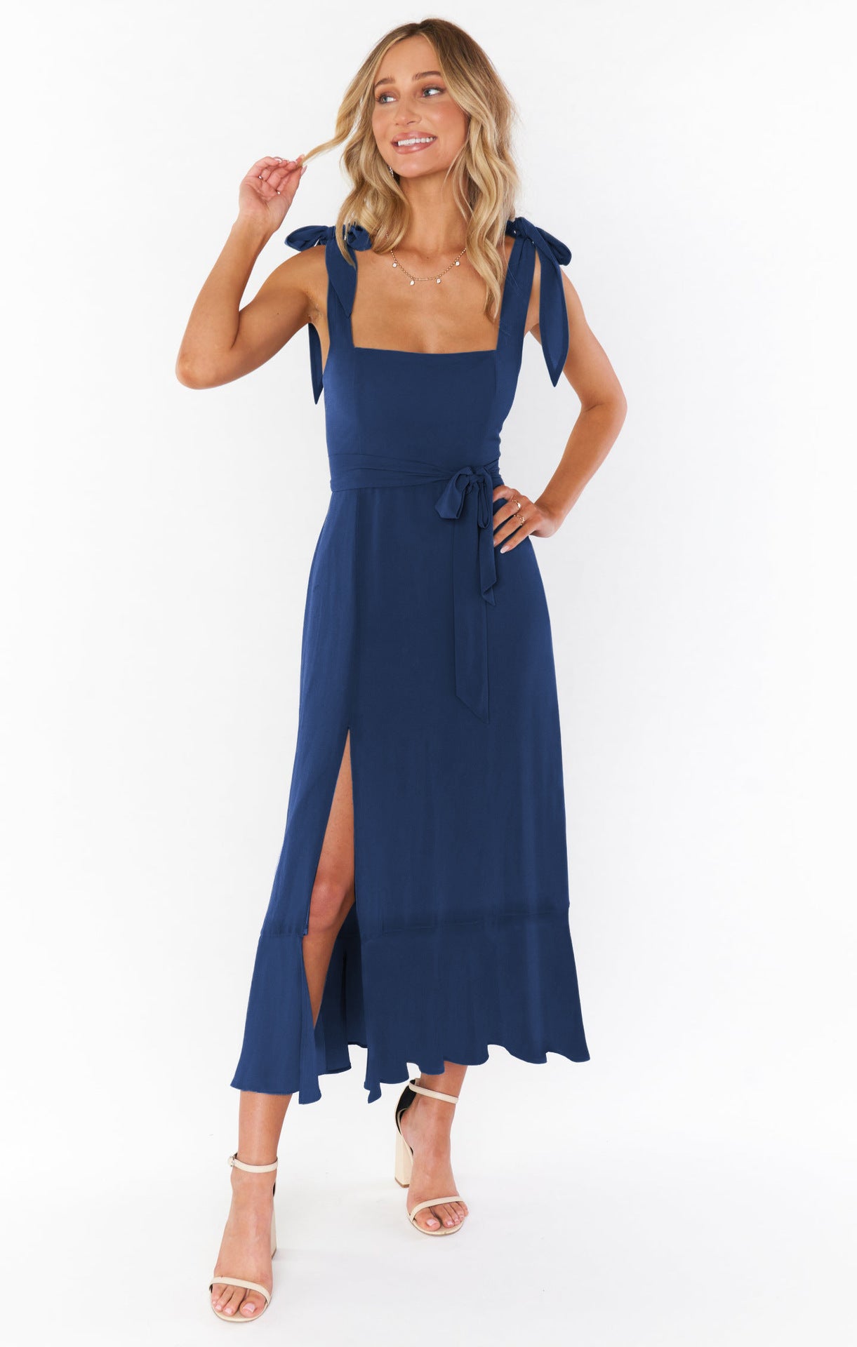 Dresses Elegant Bridesmaid Square Neck Ruffle Split Midi Formal Dress For Wedding Guest Cocktail Party