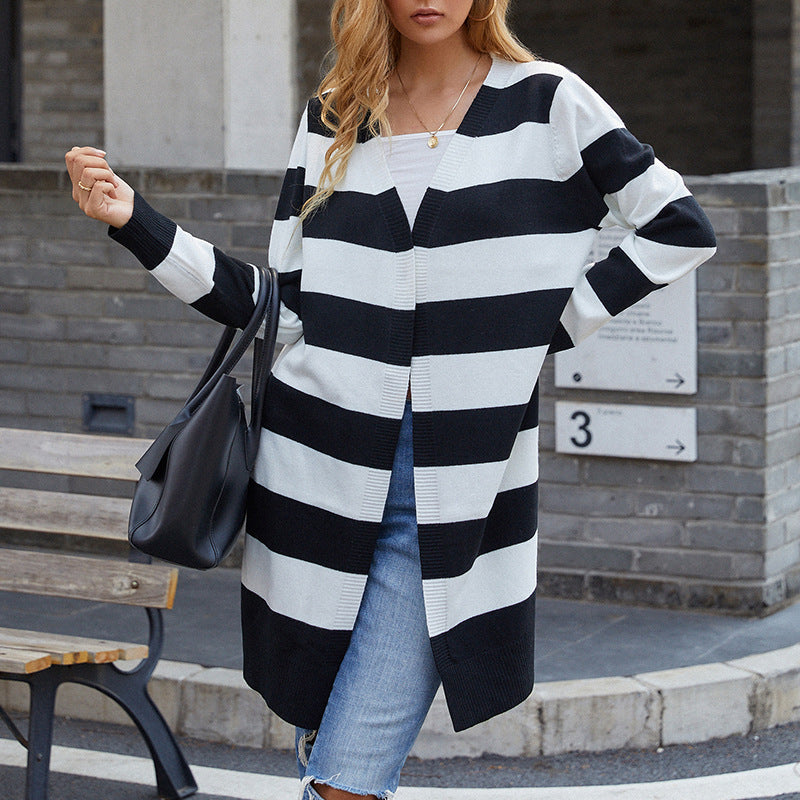 Knitted Sweater Long Color Contrast Striped Cardigan Sweater