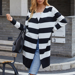 Knitted Sweater Long Color Contrast Striped Cardigan Sweater