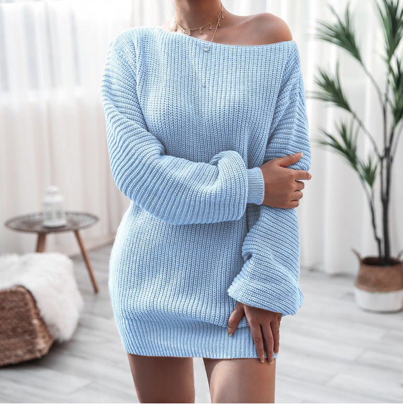Solid Color Casual Off-the-shoulder Lantern Sleeve Knitted Sweater Dress