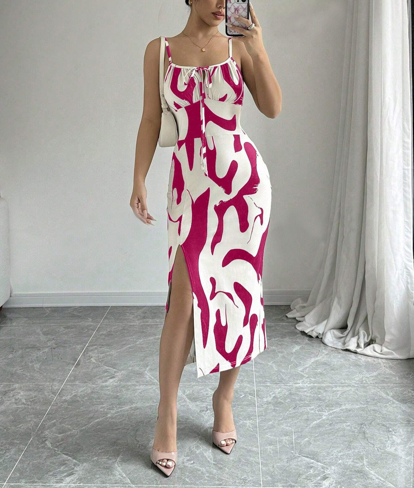 Printed Suspender Split Dress Slim Lace-up Long Dresses For Clothing