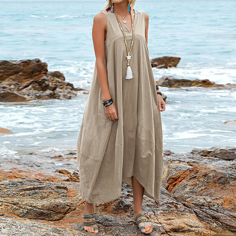 Cotton And Linen V-neck Pocket Casual Dress