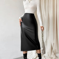 Commuter French Sheath PU Leather Skirt And Black Slit Straight Skirt