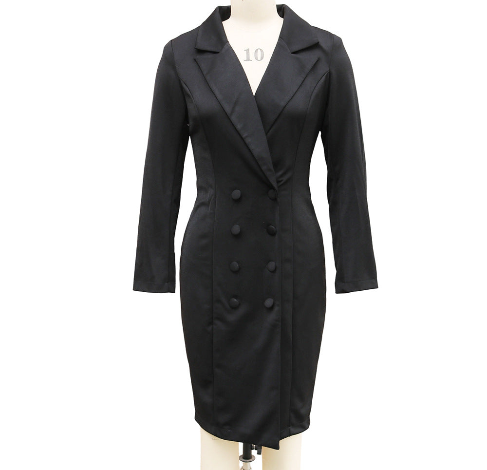 Double-breasted Blazer Dress Slim-fitting Hip-wrapped Lapel Long-sleeved Dresses Office Commuting Long Jacket Outwear For Clothing