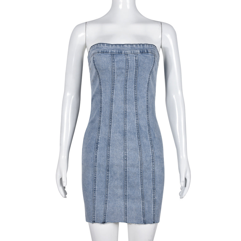 Backless Tube Denim Dress Y2K Slim Short Dresses For Clothing