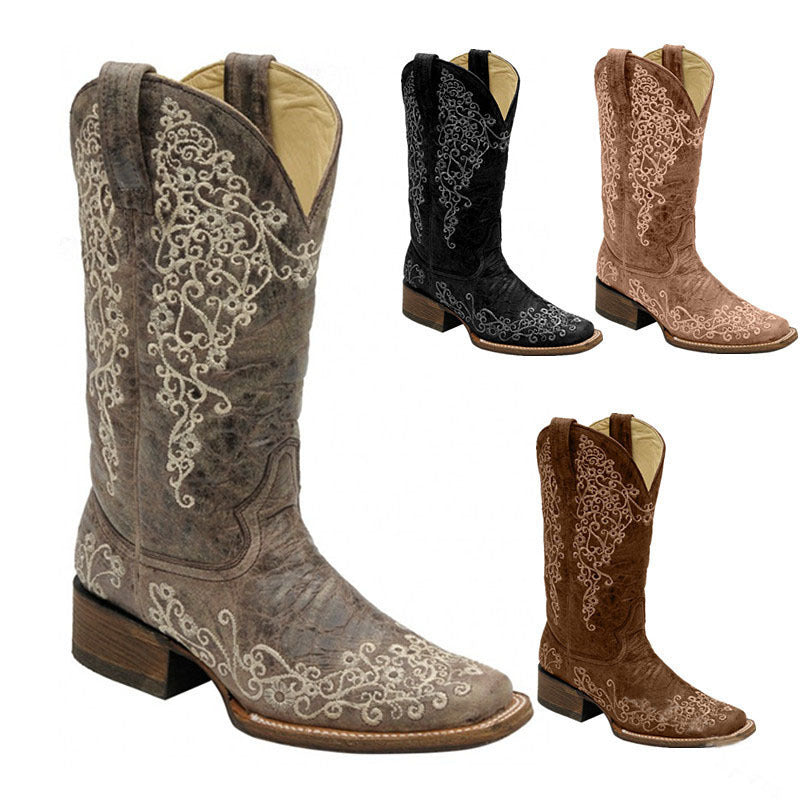 Embroidered And Printed Chunky-Heel Square-Toe Mid-Calf Knight Boots