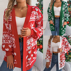 Christmas Clothes Open Front Cardigan Knitwear Lantern Sleeve Xmas Printed Oversized Deer Sweater Pockets Knitted