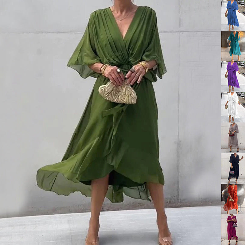 Batwing Sleeve V-neck Dress Pure Color Tied Irregular Long Dresses Womens Clothing