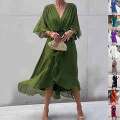 Batwing Sleeve V-neck Dress Pure Color Tied Irregular Long Dresses Womens Clothing