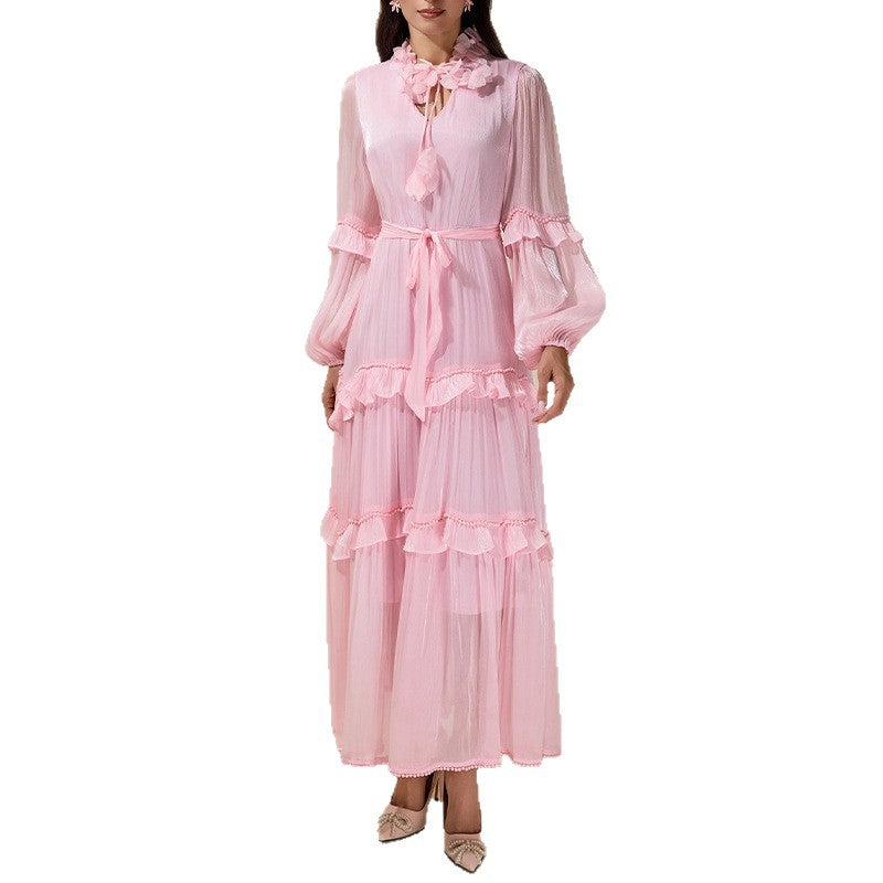 Ruffled Panel Long-Sleeve Elegant Chiffon Dress