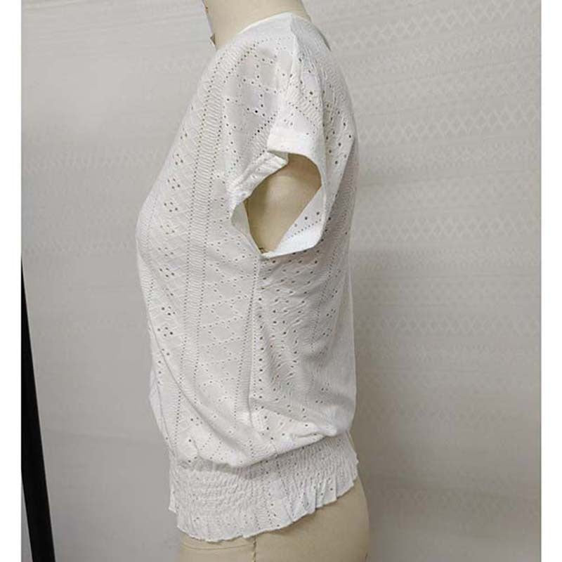 Eyelet Top Casual V Neck Short Sleeve Smocked Shirts Loose Tunic Tops Blouses
