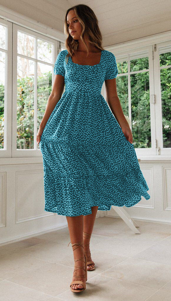 Square Collar Short Sleeve Dress Puff Floral Printed Dress Long Dresses