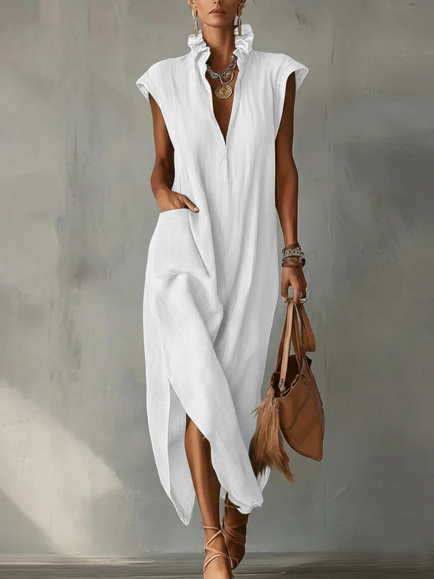 Cotton-Linen Sleeveless Solid-Color Dress