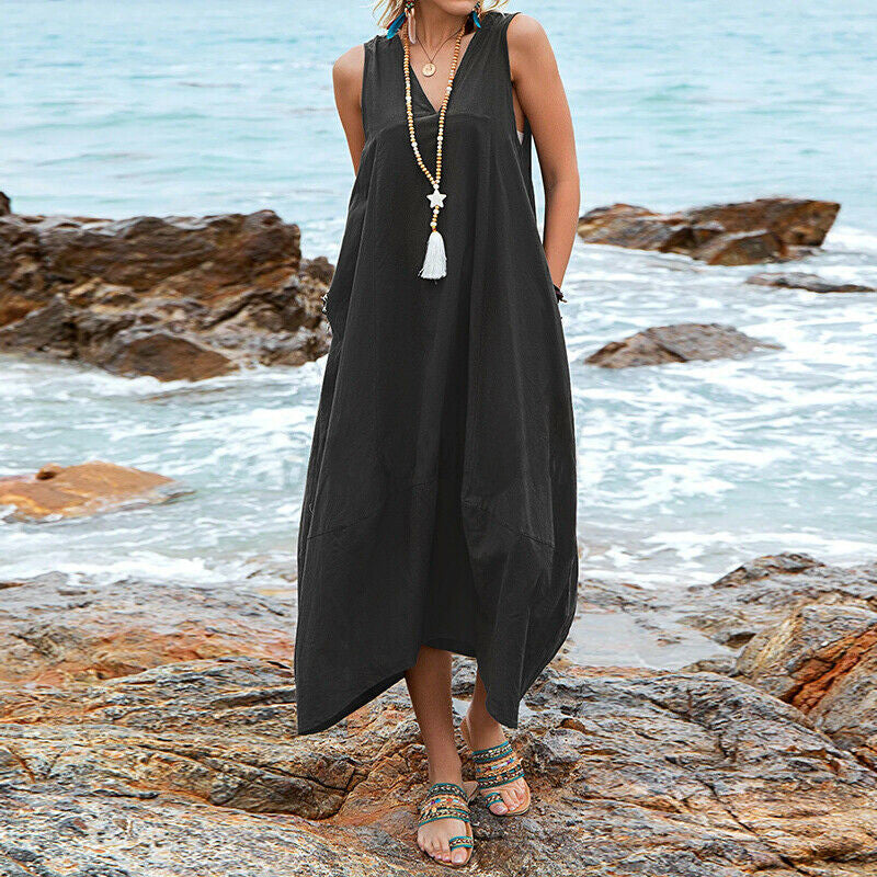 Cotton And Linen V-neck Pocket Casual Dress
